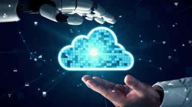 MLP Fütürist Robot Yapay Zeka, yapay zeka, yapay zeka, teknoloji geliştirme ve makine öğrenme kavramlarını aydınlatıyor. İnsan hayatının geleceği için küresel robot biyonik bilim araştırması. 3B görüntüleme grafiği.