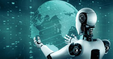 MLP 3d illüstrasyon Futuristik robot yapay zeka insansı yapay zeka veri analitik teknoloji gelişimi ve makine öğrenme kavramı. İnsanlığın geleceği için küresel robotik biyonik bilim araştırması