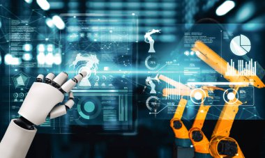 MLP Mekanize Endüstri Robotu ve robot silahları fabrika üretiminde kullanılacak. Sanayi devrimi ve otomasyon üretim süreci için yapay zeka kavramı.