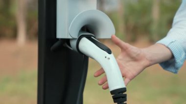 Otomobil seyahati sırasında elektrikli araba için şarj olan kadın Autumanl sezonunda doğal orman ya da milli parkta. Tatil ve tatil boyunca çevre dostu seyahat. Yükselt