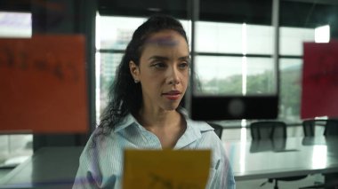 Genç İspanyol çalışanlar renkli yapışkan notlar yazıyorlar. Akıllı iş kadını pazarlama fikrini, beyin fırtınası stratejisini, iş planını paylaşıyor. Proje yöneticisi zihin haritası çiziyor. - Yakın çekim. Yönlendirici.