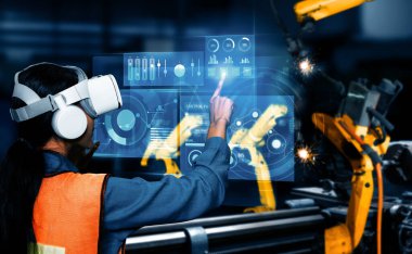 Dijital sanayi ve fabrika robotu teknolojisi için MLP Gelişmiş Robot Kol Sistemi. İnternet ağına bağlı IOT yazılımı kullanarak endüstri mühendisliği tarafından kontrol edilen otomasyon üretim robotu.