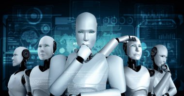 Gelecekteki yapay zeka ve 4. sanayi devrimi kavramında robot hominoid grubunun MLP 3D çizimi.