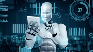 MLP 3d illüstrasyon Gelecek Finansal Teknoloji Kontrolü AI robot insansı makine öğrenimi ve yapay zeka kullanarak iş verilerini analiz ediyor ve yatırım ve ticaret hakkında tavsiyelerde bulunuyor