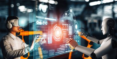 MLP Mekanize Endüstri Robotu ve insan işçileri gelecekteki fabrikada birlikte çalışıyorlar. Sanayi devrimi ve otomasyon üretim süreci için yapay zeka kavramı.