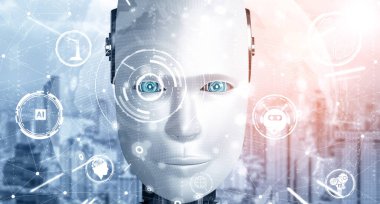 MLP 3D illüstrasyon robotu insansı robot, 4. endüstriyel devrim için yapay zeka ve makine öğrenme süreci gibi görsel yapay zeka kavramları ile yakından ilgilenir. 3B görüntüleme