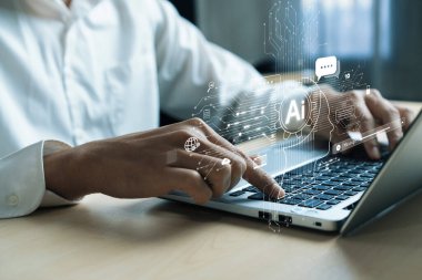 Yapay zeka sanal asistanı Chatbot ile yapay zeka konsepti ile insan etkileşimi, yapay zeka mühendisliği, LLM yapay zeka derin öğrenimi iş desteği için üretken yapay zeka kullanımı. FaaS