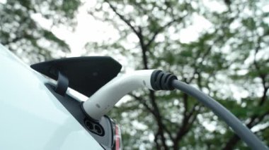 EV elektrikli araç EV şarj istasyonu ulusal park veya açık hava orman manzaralı. Çevre dostu EV arabalarla yaz ormanlarında doğal koruma. Yükselt