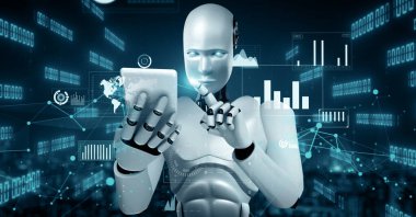 MLP 3d illüstrasyon Gelecek Finansal Teknoloji Kontrolü AI robot insansı makine öğrenimi ve yapay zeka kullanarak iş verilerini analiz ediyor ve yatırım ve ticaret hakkında tavsiyelerde bulunuyor