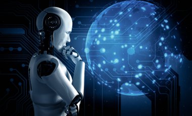 MLP 3D illüstrasyon Yapay Zeka Düşünen İnsansı Robotun hologram ekranını analiz etmesi makine öğrenme süreciyle yapay zeka kullanarak küresel ağ iletişimi kavramını gösteriyor. 3B illüstrasyon