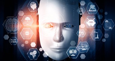 MLP 3D illüstrasyon robotu insansı robot, 4. endüstriyel devrim için yapay zeka ve makine öğrenme süreci gibi görsel yapay zeka kavramları ile yakından ilgilenir. 3B görüntüleme