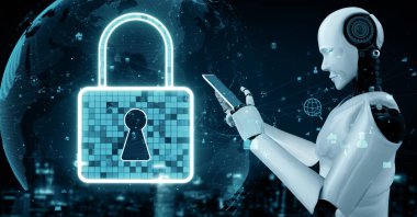 MLP 3d illüstrasyon yapay zeka robot robotu çevrimiçi sunucuda veri depolamak için bulut hesaplama teknolojisi kullanır. Makine öğrenme süreciyle analiz edilen gelecekteki bulut bilgi depolama kavramı. 3B görüntüleme