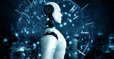 MLP 3d illüstrasyon hominoid yapay zeka kullanarak sanal ekrana bakan yapay zeka ile iletişim 5G ağ analitiği kavramını gösteren yapay zeka robotu. 3B görüntüleme.