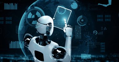 MLP 3d illüstrasyon Futuristik robot yapay zeka Huminoid yapay zeka endüstriyel fabrika teknolojisi geliştirme ve makine öğrenme konsepti için. İnsanoğlunun geleceği için robotik biyonik bilim araştırması