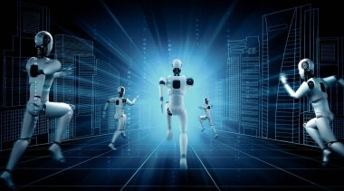 MLP 3D illüstrasyon. Hızlı hareket eden robot insanımsı robot, yapay zeka ve yapay zeka geliştirme kavramının gelecekte geliştirilmesi için gerekli enerjiyi makine öğrenmesiyle gösteriyor.