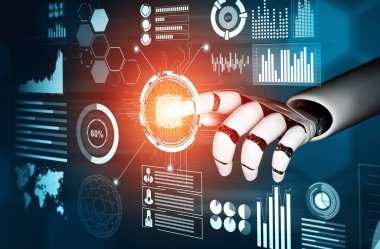 MLP 3D Rending futuristik robot teknolojisi geliştirme, yapay zeka yapay zeka ve makine öğrenme konsepti. İnsan hayatının geleceği için küresel robot biyonik bilim araştırması.