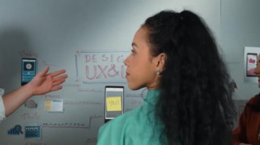 Profesyonel iş ekibi Ux ve Ui tasarımını kullanarak fikir paylaşımı yapıyor. Bir grup iş adamı pazarlama planı hakkında beyin fırtınası yapıyor. Çeşitli iş adamları zihin haritası kullanarak çözüm buluyor. Yönlendirici.