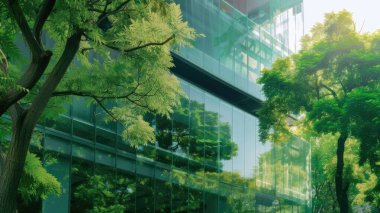 Cam ya da ayna yapısı, ağaç gibi zıt yöndeki her şeyi yansıtıyor. Bina bir sürü yeşil ağaçla çevrili. Ayna, güneşten gelen ışığı yansıtıyor. AIG43.