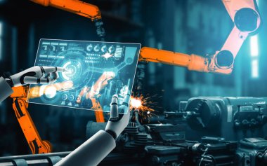 MLP Mekanize Endüstri Robotu ve robot silahları fabrika üretiminde kullanılacak. Sanayi devrimi ve otomasyon üretim süreci için yapay zeka kavramı.