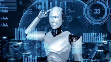 MLP 3d illüstrasyon Gelecek Finansal Teknoloji Kontrolü AI robot insansı makine öğrenimi ve yapay zeka kullanarak iş verilerini analiz ediyor ve yatırım ve ticaret hakkında tavsiyelerde bulunuyor