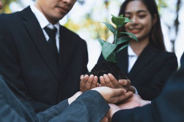 Business people hold plant together in unity and teamwork concept of eco company committed to corporate social responsible, reducing CO2 emission, embrace ESG principle for sustainable future. Gyre clipart