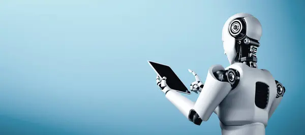 Mlp Illustration Robot Humanoid Hjælp Tablet Computer Fremtiden Kontor Mens Stock-billede