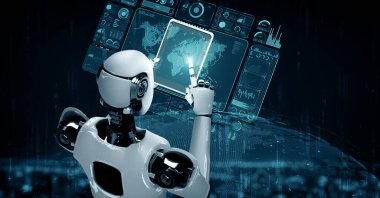 Sanayi devrimi için yapay zeka ve makine öğrenme yöntemlerini kullanarak küresel ağ bağlantısı için tablet bilgisayar kullanan MLP 3D illüstrasyon robot hominoidi. Üç Boyut