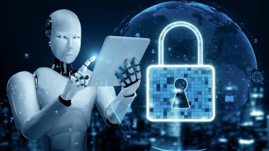 MLP 3d illüstrasyon yapay zeka robot robotu çevrimiçi sunucuda veri depolamak için bulut hesaplama teknolojisi kullanır. Makine öğrenme süreciyle analiz edilen gelecekteki bulut bilgi depolama kavramı. 3B görüntüleme