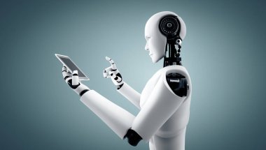 MLP 3D illüstrasyon robotu insansı cep telefonu ya da tablet kullanırken yapay zeka ve makine öğrenme sürecini kullanacak. 4. Sanayi Devrimi 3 boyutlu