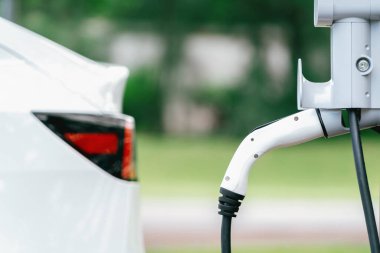 Temiz ve sürdürülebilir enerji kullanarak şarj olmak için EV şarj cihazına EV şarj cihazı takıldı. Doğal koruma ve çevre dostu araba yolculuğu konsepti. Yükselt