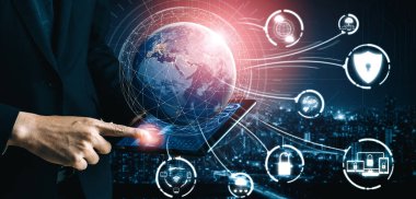 Siber Güvenlik ve Dijital Veri Koruma Konsepti. Simge arayüzü çevrimiçi veri erişim savunması için güvenli güvenlik duvarı teknolojisi gösteriyor. Hackerlara, virüse ve güvensiz bilgilere karşı. uds