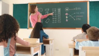 Kafkas öğretmeni matematik öğretirken çocuk sınıfta soru sormak için elini kaldırdı. Profesyonel eğitmen, STEM sınıfında karatahta başında dururken teoriden bahsediyor ve anlatıyor. Pedagoji.