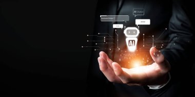 Yapay zeka sanal asistanı Chatbot ile yapay zeka konsepti ile insan etkileşimi, yapay zeka mühendisliği, LLM yapay zeka derin öğrenimi iş desteği için üretken yapay zeka kullanımı. FaaS