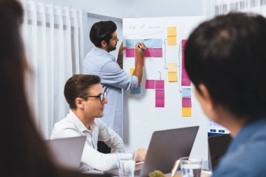 Çeşitli ofis çalışanlarından oluşan bir grup, toplantı odasındaki beyaz tahtaya yapışkan bir notla stratejik iş pazarlama planlaması üzerine beyin fırtınası yapıyor. İş yerinde verimli bir takım çalışması. Tedbirli