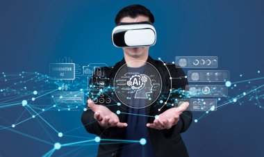 Yapay zeka sanal asistanı Chatbot ile yapay zeka konsepti ile insan etkileşimi, yapay zeka mühendisliği, LLM yapay zeka derin öğrenimi iş desteği için üretken yapay zeka kullanımı. FaaS