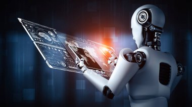 Büyük veri analizi için tablet bilgisayar kullanan MLP 3D illüstrasyon robot hominoidi. 4. Sanayi devrimi için yapay zeka ve makine öğrenme sürecini kullanan yapay zeka.