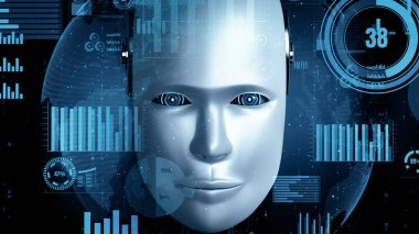 MLP 3d illüstrasyon Gelecek Finansal Teknoloji Kontrolü AI robot insansı makine öğrenimi ve yapay zeka kullanarak iş verilerini analiz ediyor ve yatırım ve ticaret hakkında tavsiyelerde bulunuyor