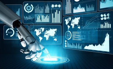 MLP 3D Rending futuristik robot teknolojisi geliştirme, yapay zeka yapay zeka ve makine öğrenme konsepti. İnsan hayatının geleceği için küresel robot biyonik bilim araştırması.