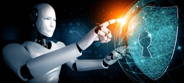 MLP 3D illüstrasyon yapay zeka robotu bilgi gizliliğini korumak için siber güvenliği kullanıyor. Yapay zeka ve makine öğrenme süreci tarafından siber suçları önleme konsepti. 3B görüntüleme