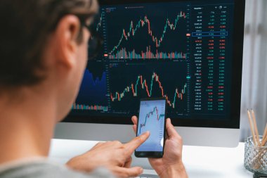 Akıllı borsa yatırımcıları ekranda akıllı telefon ile piyasa borsasını işaret ederek dizüstü bilgisayarın yanı sıra en yüksek dinamik yatırım oranını göstererek, modern işyerindeki veri planlamasına odaklanıyorlar. Bireysel.