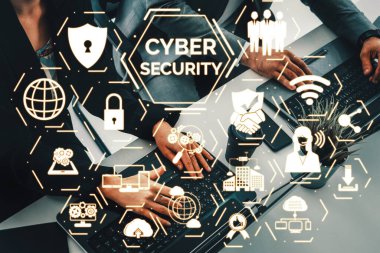 Siber Güvenlik ve Dijital Veri Koruma Konsepti. Simge grafik arayüzü çevrimiçi veri erişimi savunması için güvenli güvenlik duvarı teknolojisi olduğunu gösteriyor..