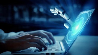 MLP Fütürist Robot Yapay Zeka, yapay zeka, yapay zeka, teknoloji geliştirme ve makine öğrenme kavramlarını aydınlatıyor. İnsan hayatının geleceği için küresel robot biyonik bilim araştırması. 3B görüntüleme grafiği.