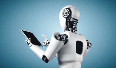MLP 3D illüstrasyon robotu insansı geleceğin ofisinde tablet bilgisayar kullanarak yapay zeka, yapay zeka ve makine öğrenme sürecini kullanarak. 4. Sanayi Devrimi 3 boyutlu