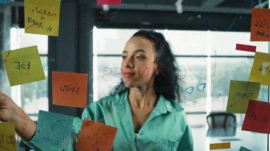 Zeki, profesyonel İspanyol iş kadınının portresi renkli yapışkan notlarla cam tahtaya pazarlama fikirleri yazıyor. Genç yönetici, analiz iş planının zihin haritasını çiziyor. - Yakın çekim. Yönlendirici.