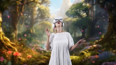 VR kullanarak güzel bir kadını keşfetmek meta dünya çapında oyun oynamak pembe akçaağaç yaprakları yaban çiçekleri yeni gelecekteki orman yolculuğu teknolojisiyle büyülü bir fantezi metazasında düşüyor. Kısıtlanma.