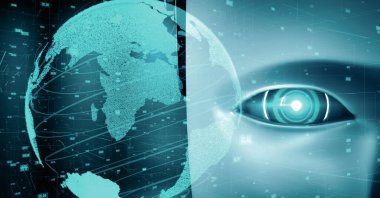 MLP 3d illüstrasyon Futuristik robot yapay zeka insansı yapay zeka veri analitik teknoloji gelişimi ve makine öğrenme kavramı. İnsanlığın geleceği için küresel robotik biyonik bilim araştırması