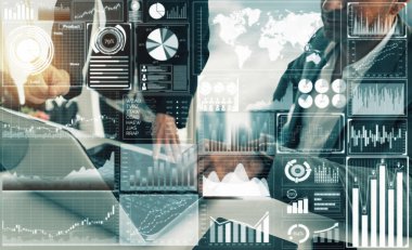 İş Mali Analitik Konsepti için Büyük Veri Teknolojisi. Modern arayüz ekranda iş satış raporları, kâr tablosu ve borsa eğilimleri analizleri hakkında muazzam bilgiler gösteriyor. uds