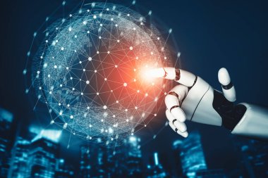 MLP 3D yorumlama fütüristik robot teknolojisi geliştirme, yapay zeka yapay zeka ve makine öğrenme kavramı. İnsan hayatının geleceği için küresel robot biyonik bilim araştırması.