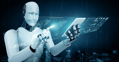 MLP 3D illüstrasyon Robot hominoidi büyük veri analizi için 4. Endüstriyel Sanayi için yapay zeka ve makine öğrenme sürecini kullanarak cep telefonu veya tablet kullanır.