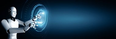 MLP 3d illüstrasyon yapay zeka ve yapay zeka kavramını gösteren sanal sanal hologram ekranına dokunan yapay zeka robotu. 3B illüstrasyon.